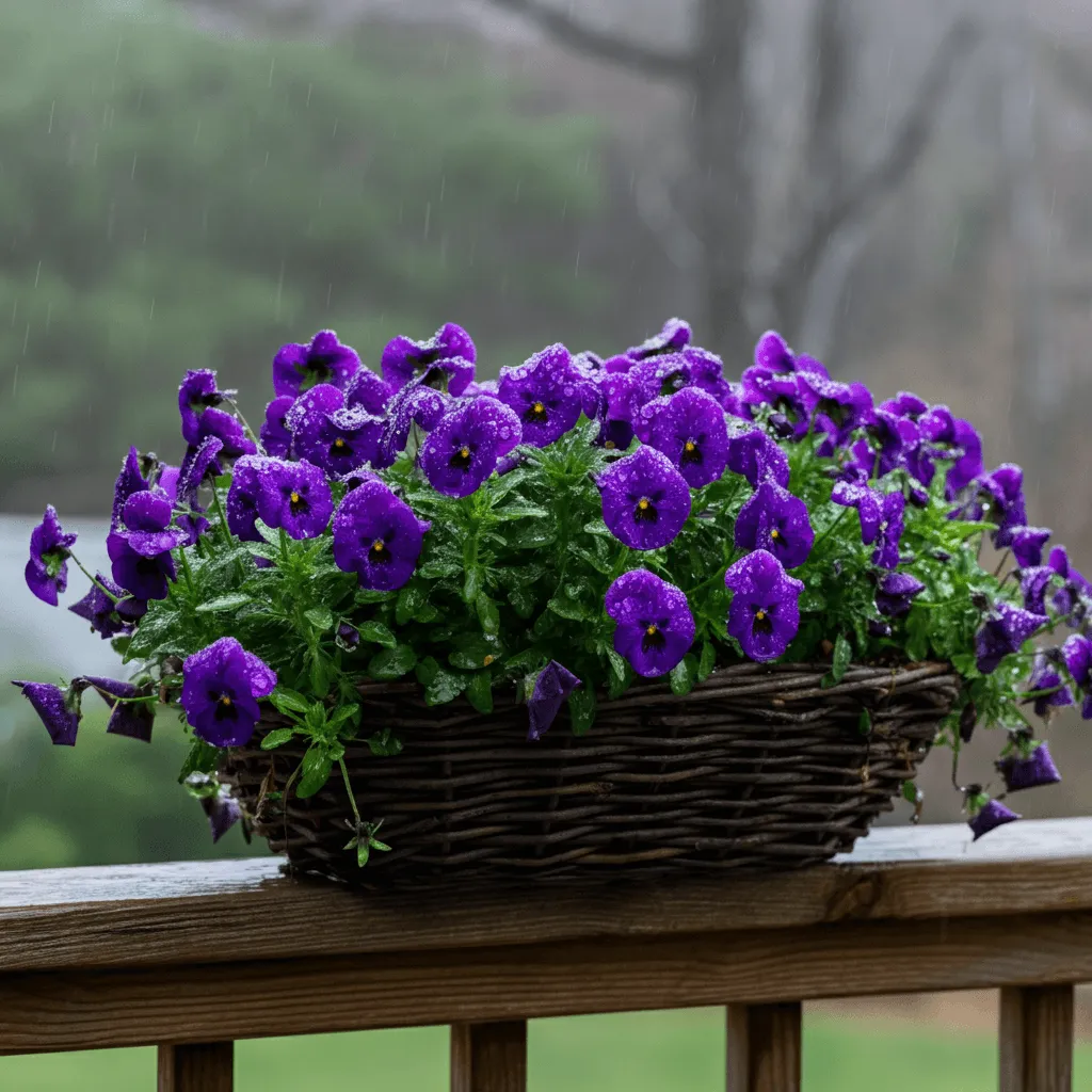Purple Pansies in Basket
